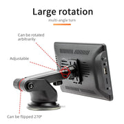 Adjustable 7-inch wireless car stereo mount with multi-angle rotation and 270-degree flip feature for optimal viewing.