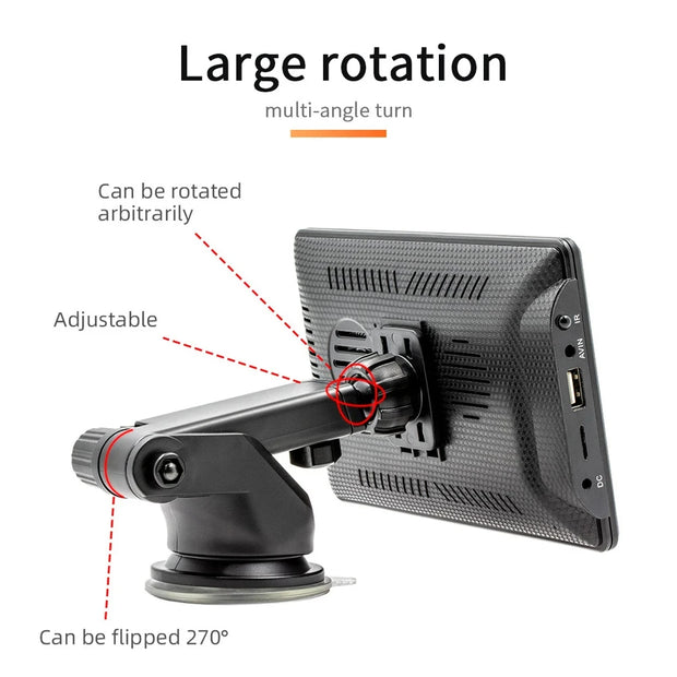 Adjustable 7-inch wireless car stereo mount with multi-angle rotation and 270-degree flip feature for optimal viewing.