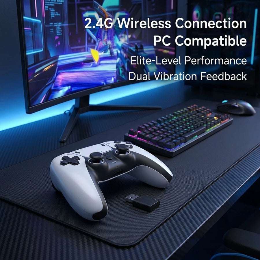 Gaming setup with controller, keyboard, mouse, and monitor on a desk.