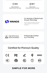 List of certifications and features on a white background