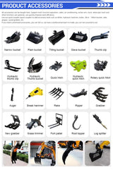 1.8 ton mini excavator – accessories chart showing black and yellow attachments and tools
