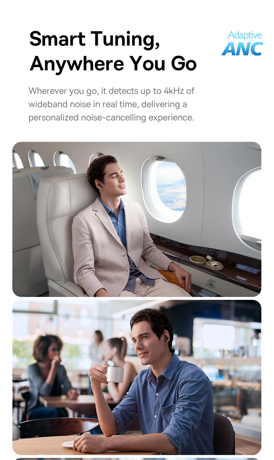 Noise-cancelling earbuds advertisement – person on airplane and in restaurant, ANC for travel