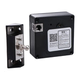Back of hidden RFID electronic drawer lock control box with warning label and metal strike plate, keyless IC card cabinet lock