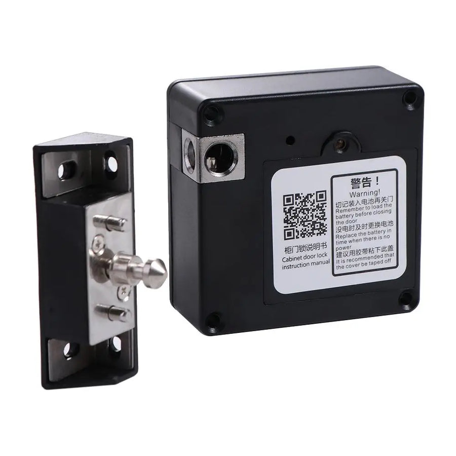 Back of hidden RFID electronic drawer lock control box with warning label and metal strike plate, keyless IC card cabinet lock