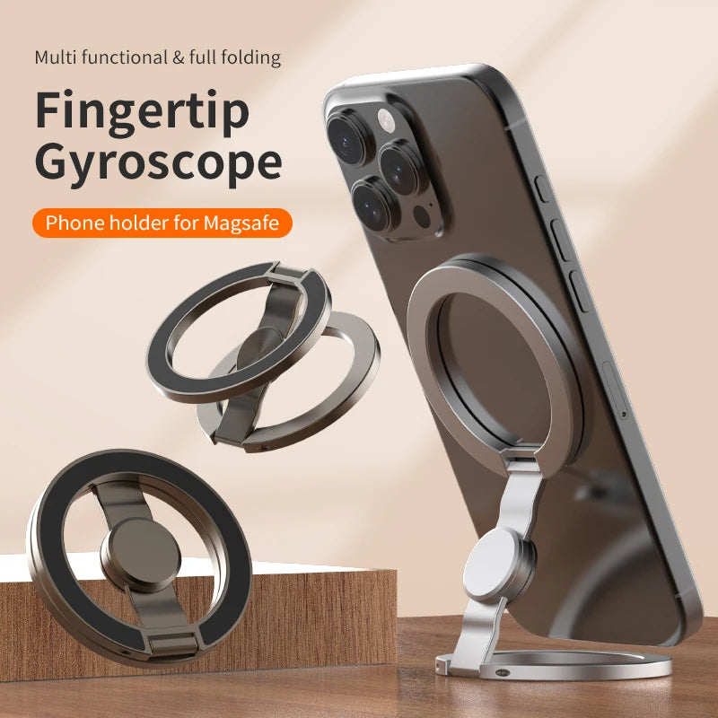Double-sided MagSafe phone holder with fingertip gyroscope ring stand on beige background