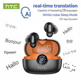 Black HTC NE79 earbuds with real-time translation 135 languages and white noise sleep mode graphic
