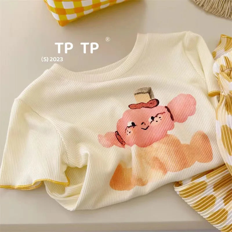 Kids Cartoon Print Clothing Set – Short Sleeve Top + Polka Dot Wide Leg Pants