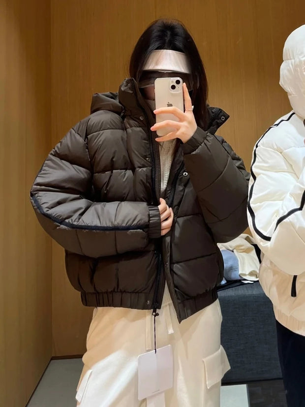 White Winter Jacket for Women Fashion Long Sleeve Hooded Bread Cotton Clothes Female Leisure Thick Warm Padded Coat Women