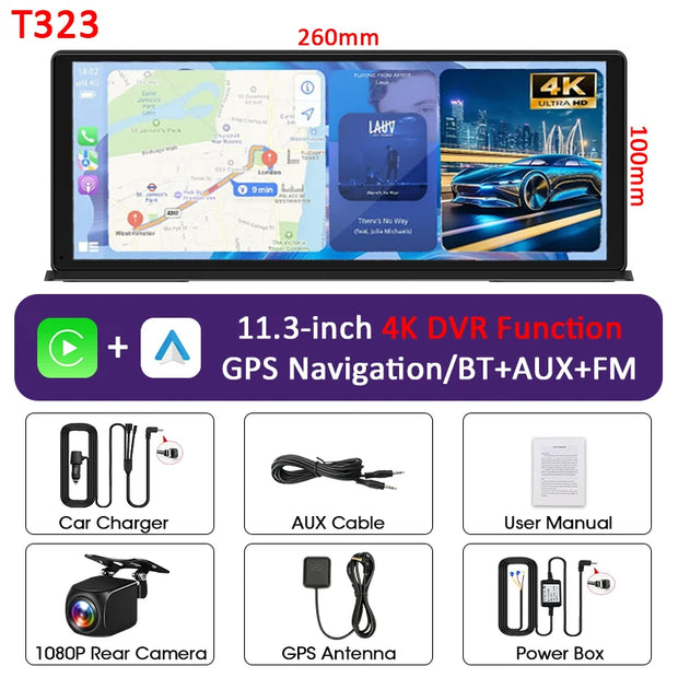 Vtopek 11.3-inch Carplay screen with 4K display, GPS navigation, and various accessories including rear camera and power cable.