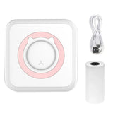 Mini Bluetooth thermal label printer in white with pink accents and USB cable on white background