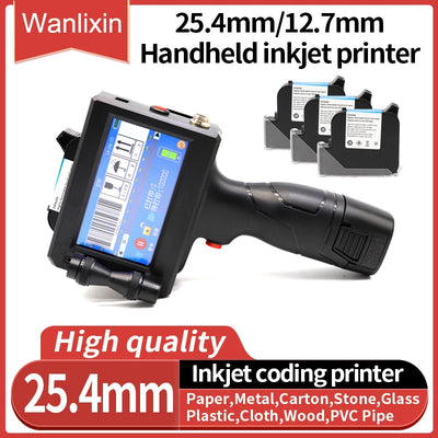 Handheld inkjet coding printer with ink cartridges on white background – 25.4mm and 12.7mm options