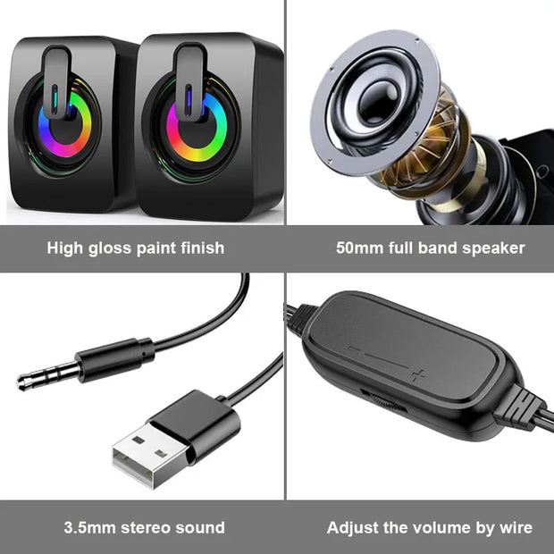USB wired computer speakers with LED light beside a smartphone, showcasing vibrant LED lighting and modern design.