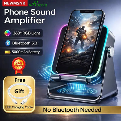 Phone sound amplifier with RGB light and Bluetooth 5.3 feature, displayed on a dark background.