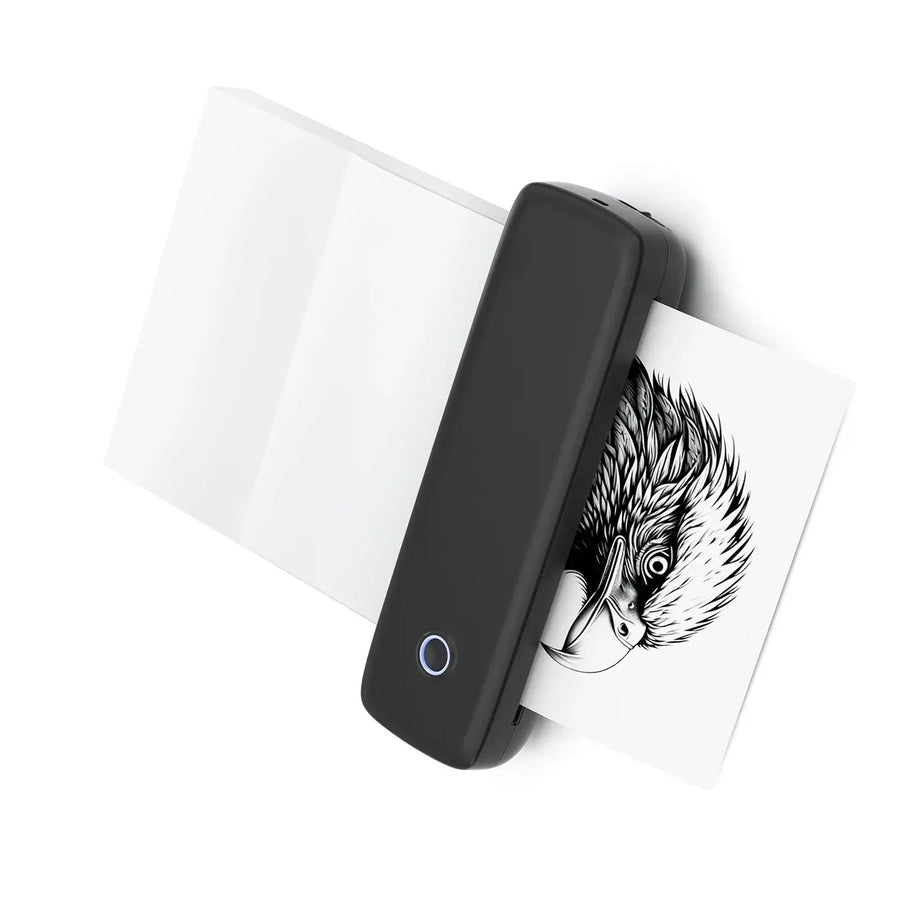Black portable Bluetooth thermal label printer printing a black and white eagle illustration — wireless inkless label maker