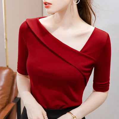 Women's Slim Short Sleeve Blouse – Skew Collar Sheath Top