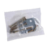 Installation hardware for hidden RFID electronic drawer lock, screws and metal mounting bracket in plastic bag