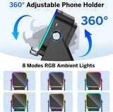 360-degree adjustable phone holder with RGB ambient lights on a light blue background