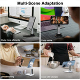 Multi-scene adaptation of a phone stand with various uses including studying, watching movies, live streaming, and cooking.