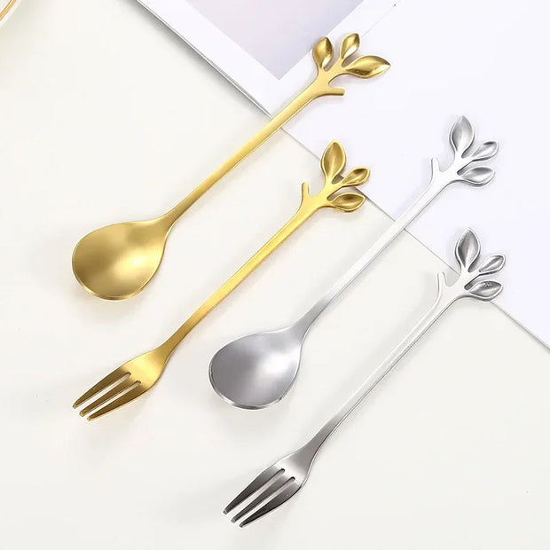 Christmas Gifts, Kitchen Accessories, Tableware Decoration, 5pcs Spoon, Fork, Coffee Spoon, Stainless Steel, Branch Leaves