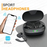 Open ear clip-on earbuds with charging case and smartphone app on white background