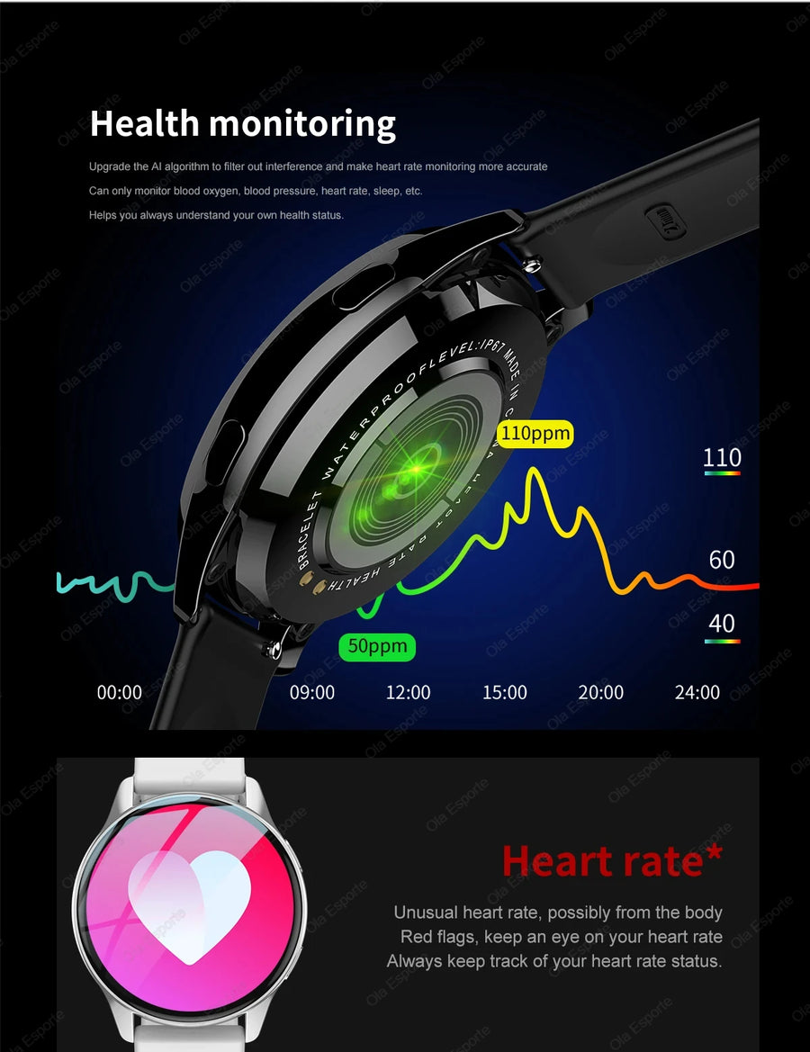 Women's Smart Watch 6 displaying fitness tracking features on dark background