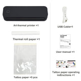 A4 thermal printer with accessories including USB cable, thermal roll paper, tattoo paper and user manual — portable wireless Bluetooth inkless mini printer