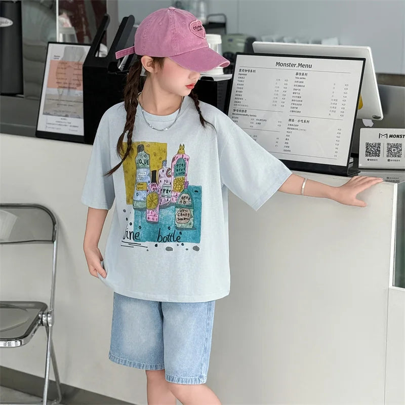 Girls Summer Outfit Set – Print T-Shirt + Shorts (Ages 5-14)