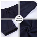 Navy blue jogger shorts shown from different angles with product details text on white background