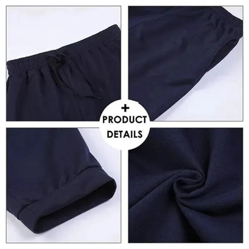 Navy blue jogger shorts shown from different angles with product details text on white background