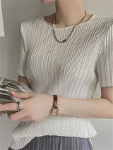 Women's gray pleated short sleeve blouse, O-neck loose fit top