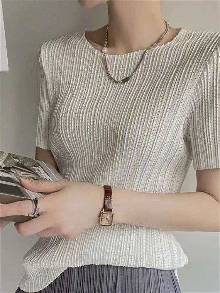 Women's gray pleated short sleeve blouse, O-neck loose fit top