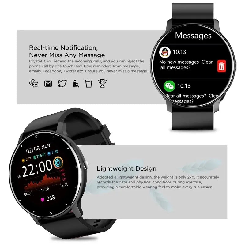 Smartwatch with display showing app icons and text on white background