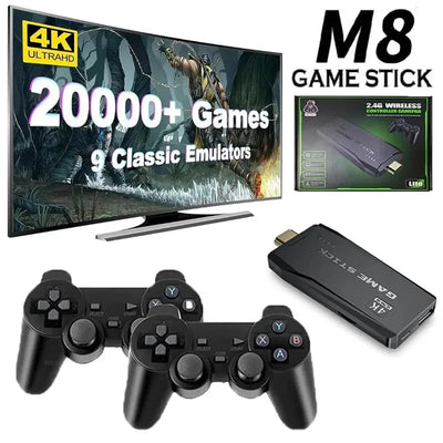M8 game stick retro console with two wireless controllers, HDMI game stick dongle, and TV showing 20000+ games with 9 classic emulators in 4K HD