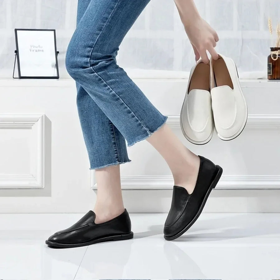 Women's Genuine Leather Loafers – Round Toe Slip-On Flat Shoes