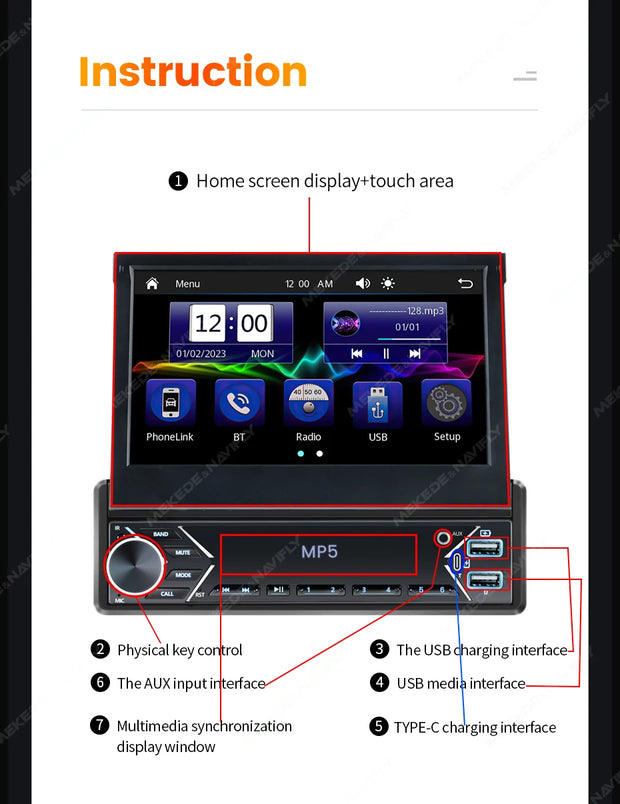 New Carplay Android Auto 1Din 7'' Retractable Universal Car Stereo Radio TouchScreen MP5 Player Intelligent Vehicle System BT FM