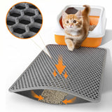Double-layer cat litter trapping mat with textured honeycomb surface and close-up inset showing material, with a cat and litter box