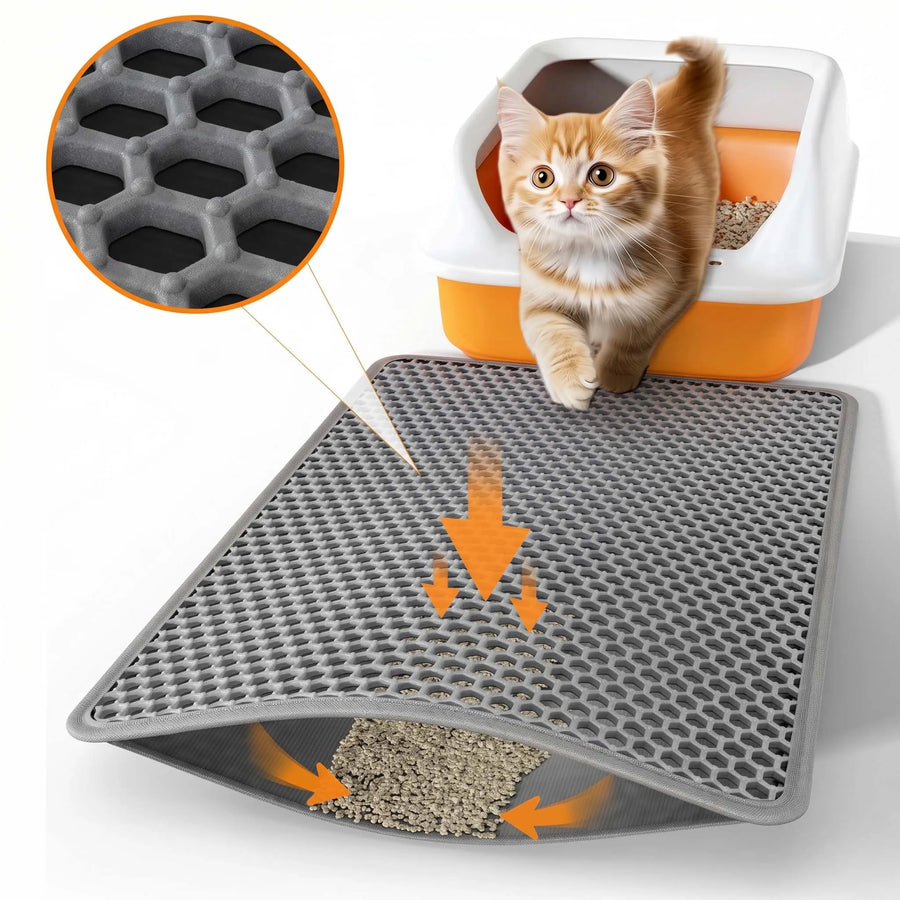 Double-layer cat litter trapping mat with textured honeycomb surface and close-up inset showing material, with a cat and litter box