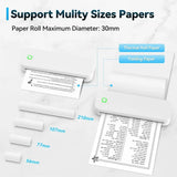 White portable A4 thermal printer with paper rolls and printed documents — wireless Bluetooth inkless mini printer