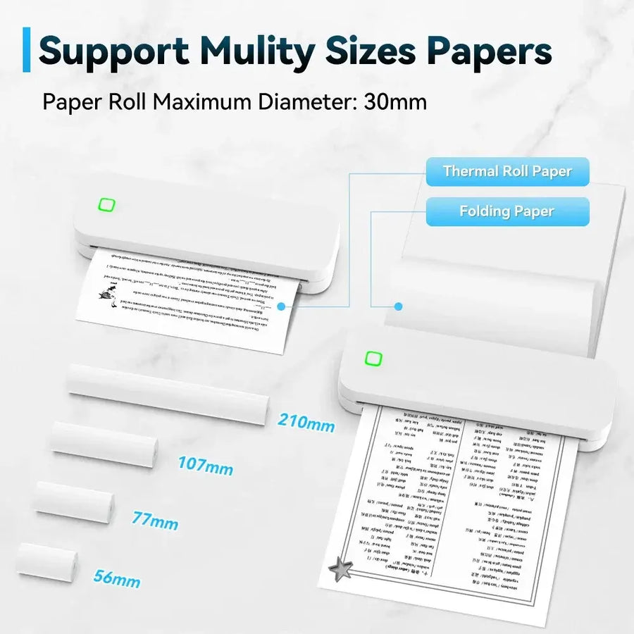 White portable A4 thermal printer with paper rolls and printed documents — wireless Bluetooth inkless mini printer