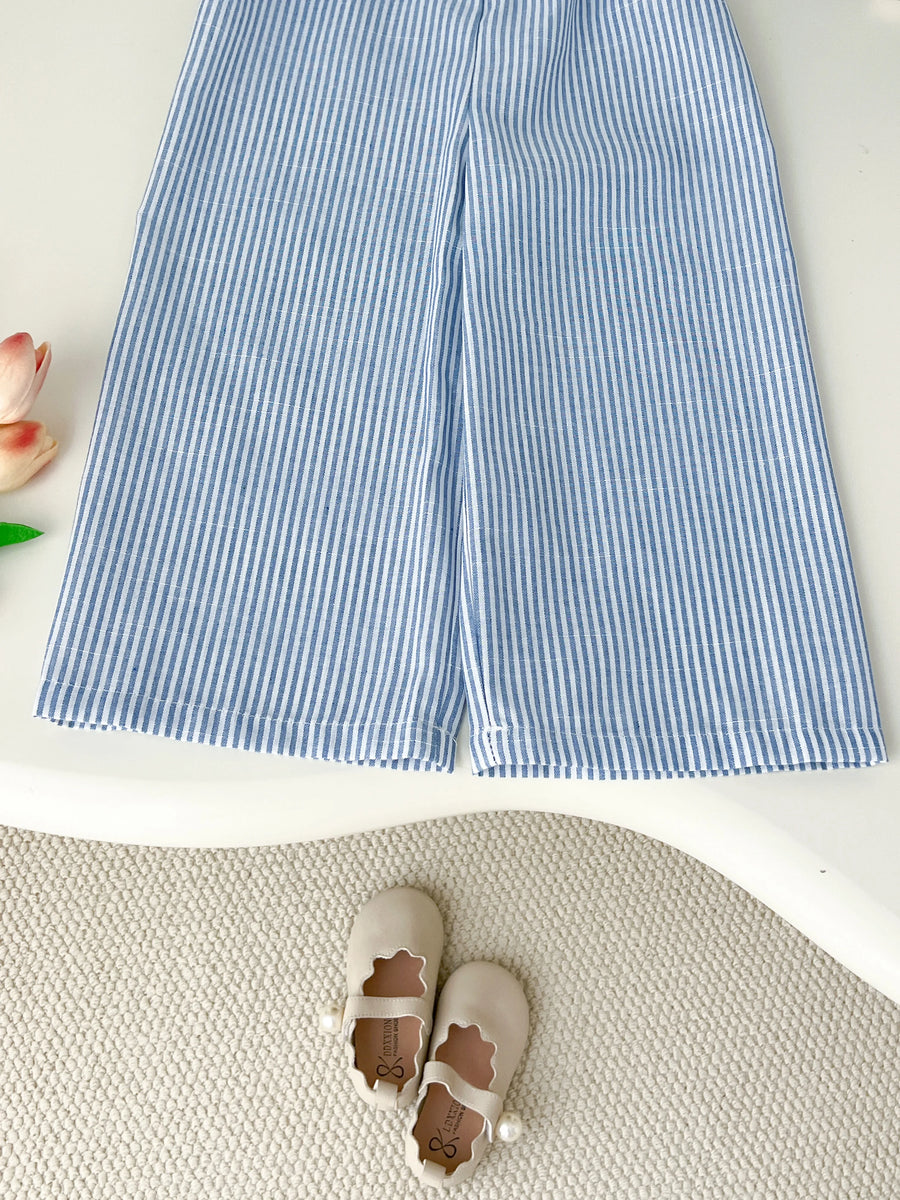 Girls 2-Piece Outfit Set – Bow Long-Sleeve Top + Striped Wide-Leg Pants