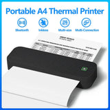 Portable A4 thermal printer printing a document — wireless Bluetooth inkless mini printer, compact black design