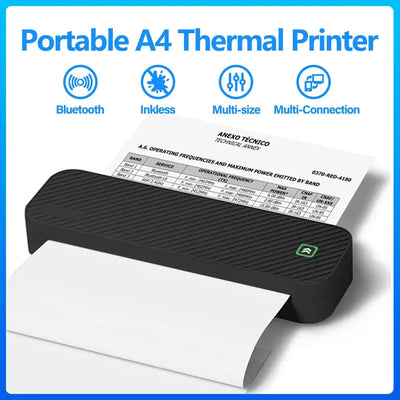 Portable A4 thermal printer printing a document — wireless Bluetooth inkless mini printer, compact black design