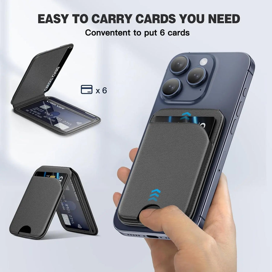 Hand holding a smartphone with the magnetic MagSafe wallet card holder attached, cards visible