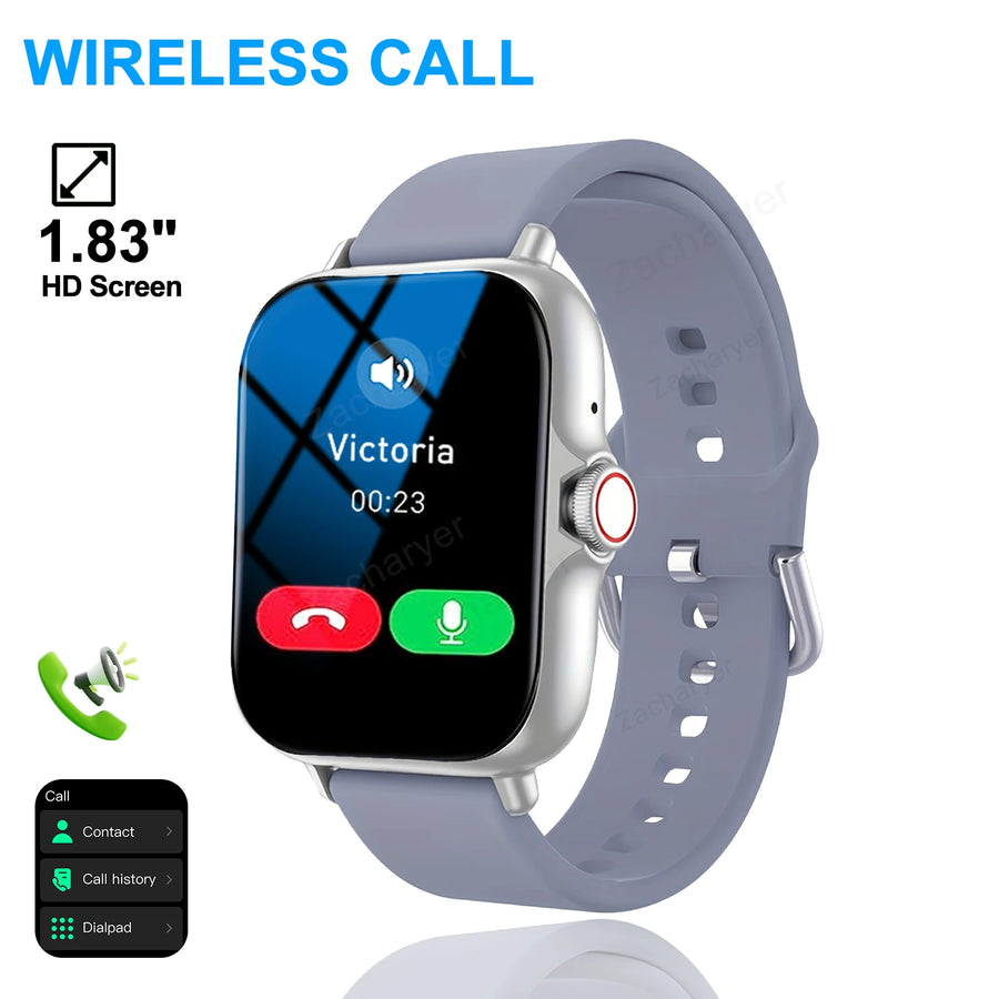 Smartwatch with a gray band displaying a call interface on a white background