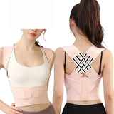 Posture corrector for men and women – adjustable back straightener brace, front and back views on model