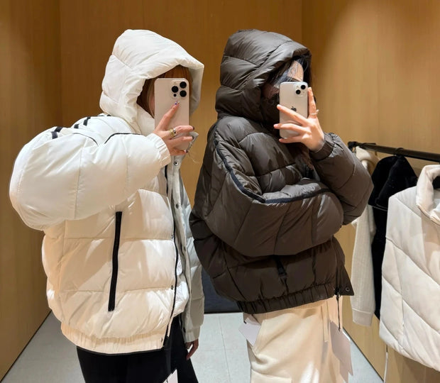 White Winter Jacket for Women Fashion Long Sleeve Hooded Bread Cotton Clothes Female Leisure Thick Warm Padded Coat Women
