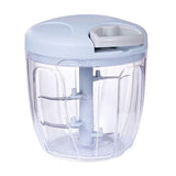 Manual vegetable chopper with light blue lid and clear container showing stainless steel blades