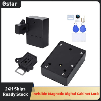 Invisible magnetic digital cabinet lock set with black lock boxes, blue RFID key fobs, IC card, screws and mounting hardware