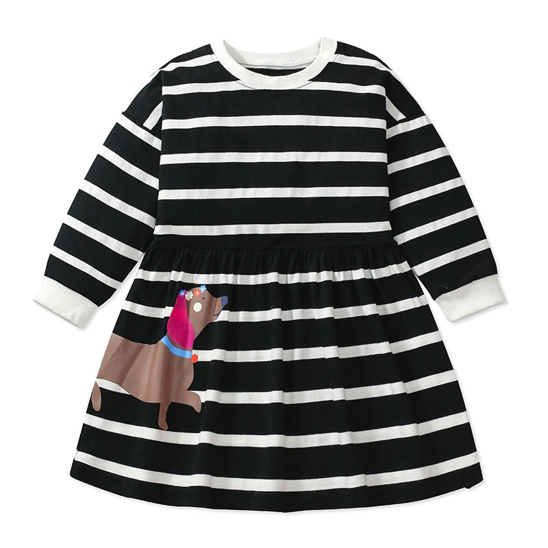 Baby Girls Long-Sleeve Dress – Cotton Striped Cartoon for Autumn/Spring