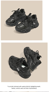 Women's Platform Leather Sneakers – Versatile Black Lace-Up (2025)